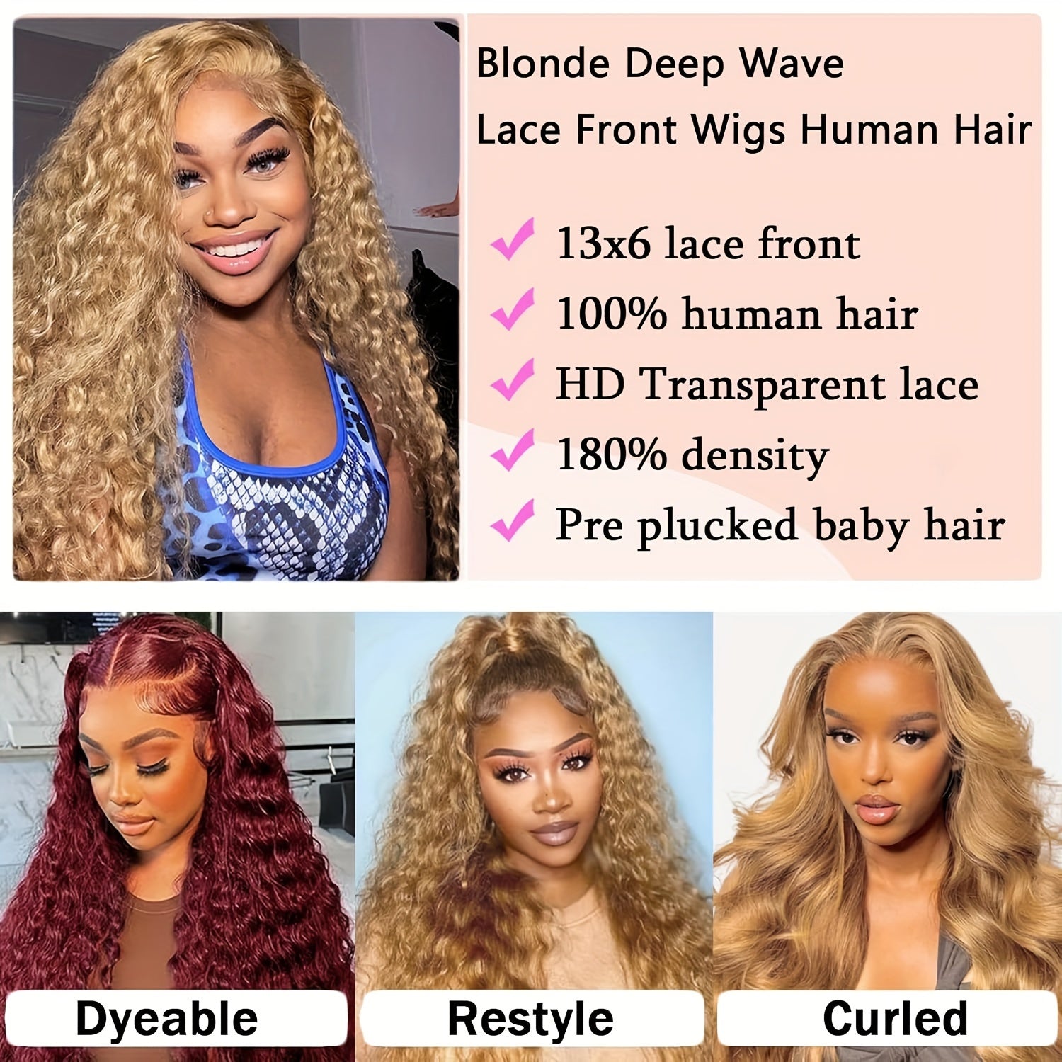 Elegant Deep Wave Lace Front Wig for Women - 13x6 HD Lace, Pre-Plucked & Glueless Human Hair, 180% Density, Blonde Curly Style, Natural Look, Full Coverage, Perfect for Everyday or Special Occasions
